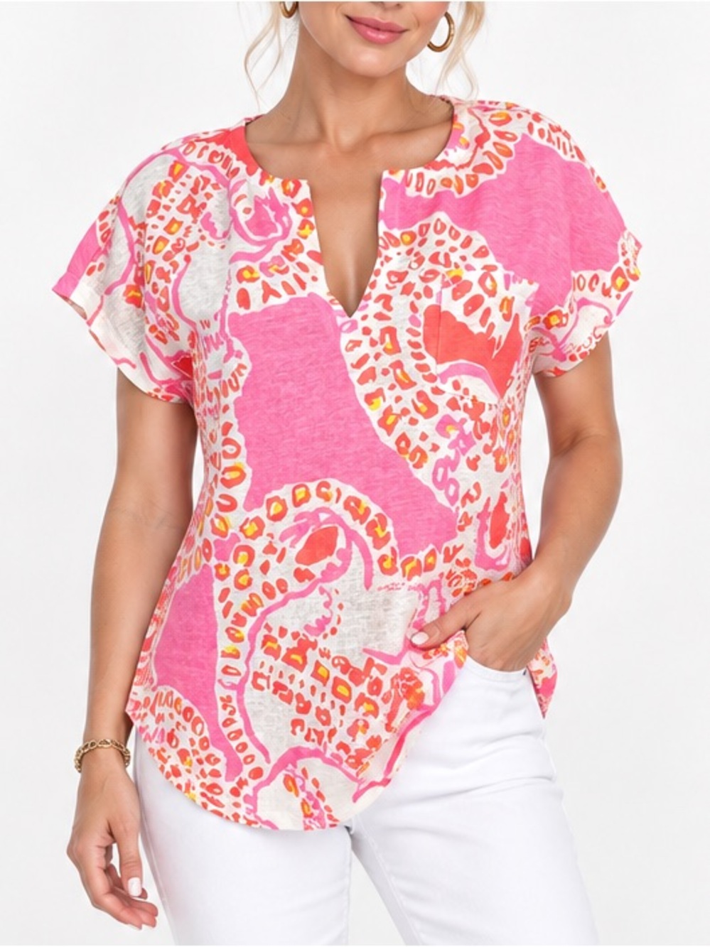 Lilly Pulitzer Duval Linen Top Hot Coral Trunk in Love Elephant Print XS